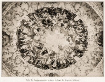 Schloss Bruchsal - Decke des Haupttreppenhauses im Corps de Logis des Bruchsaler Schlosses (Bildnachweis: Universitätsbibliothek Heidelberg, "Rott, Hans; Kraus, Franz Xaver [Hrsg.]: Die Kunstdenkmäler des Grossherzogthums Baden (Band 9,2): Die Kunstdenkmäler des Amtsbezirks Bruchsal (Kreis Karlsruhe). Tübingen, 1913", Seite 160a - CC-BY-SA-3.0. https://digi.ub.uni-heidelberg.de/diglit/kdm9bd2)