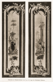 Schloss Bruchsal - Malereien im Watteau-Kabinett des Corps de Logis des Bruchsaler Schlosses (Bildnachweis: Universitätsbibliothek Heidelberg, "Rott, Hans; Kraus, Franz Xaver [Hrsg.]: Die Kunstdenkmäler des Grossherzogthums Baden (Band 9,2): Die Kunstdenkmäler des Amtsbezirks Bruchsal (Kreis Karlsruhe). Tübingen, 1913", Seite 172a - CC-BY-SA-3.0. https://digi.ub.uni-heidelberg.de/diglit/kdm9bd2)