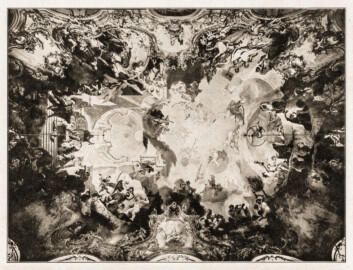 Schloss Bruchsal - Decke des Marmorsaals im Corps de Logis des Bruchsaler Schlosses (Bildnachweis: Universitätsbibliothek Heidelberg, "Rott, Hans; Kraus, Franz Xaver [Hrsg.]: Die Kunstdenkmäler des Grossherzogthums Baden (Band 9,2): Die Kunstdenkmäler des Amtsbezirks Bruchsal (Kreis Karlsruhe). Tübingen, 1913", Seite 176a - CC-BY-SA-3.0. https://digi.ub.uni-heidelberg.de/diglit/kdm9bd2)