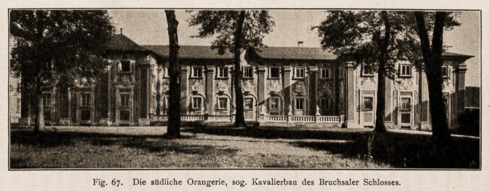 Schloss Bruchsal - Die südliche Orangerie, sog. Kavalierbau des Bruchsaler Schlosses (Bildnachweis: Universitätsbibliothek Heidelberg, "Rott, Hans; Kraus, Franz Xaver [Hrsg.]: Die Kunstdenkmäler des Grossherzogthums Baden (Band 9,2): Die Kunstdenkmäler des Amtsbezirks Bruchsal (Kreis Karlsruhe). Tübingen, 1913", Seite 184 - CC-BY-SA-3.0. https://digi.ub.uni-heidelberg.de/diglit/kdm9bd2)