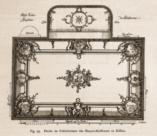 Bad Mingolsheim - Schloss Kislau - Decke im Schlafzimmer des Hauptschloßbaues zu Kißlau (Bildnachweis: Universitätsbibliothek Heidelberg, "Rott, Hans; Kraus, Franz Xaver [Hrsg.]: Die Kunstdenkmäler des Grossherzogthums Baden (Band 9,2): Die Kunstdenkmäler des Amtsbezirks Bruchsal (Kreis Karlsruhe). Tübingen, 1913", Seite 239 - CC-BY-SA-3.0. https://digi.ub.uni-heidelberg.de/diglit/kdm9bd2)