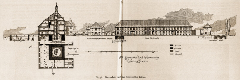 Bad Mingolsheim - Schloss Kislau - Längssschnitt durch das  Wasserschloß Kißlau (Bildnachweis: Universitätsbibliothek Heidelberg, "Rott, Hans; Kraus, Franz Xaver [Hrsg.]: Die Kunstdenkmäler des Grossherzogthums Baden (Band 9,2): Die Kunstdenkmäler des Amtsbezirks Bruchsal (Kreis Karlsruhe). Tübingen, 1913", Seite 240/241 - CC-BY-SA-3.0. https://digi.ub.uni-heidelberg.de/diglit/kdm9bd2)
