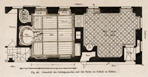Bad Mingolsheim - Schloss Kislau - Grundriß des Schlafgemaches und des Bades im Schloß zu Kißlau (Bildnachweis: Universitätsbibliothek Heidelberg, "Rott, Hans; Kraus, Franz Xaver [Hrsg.]: Die Kunstdenkmäler des Grossherzogthums Baden (Band 9,2): Die Kunstdenkmäler des Amtsbezirks Bruchsal (Kreis Karlsruhe). Tübingen, 1913", Seite 243a - CC-BY-SA-3.0. https://digi.ub.uni-heidelberg.de/diglit/kdm9bd2)