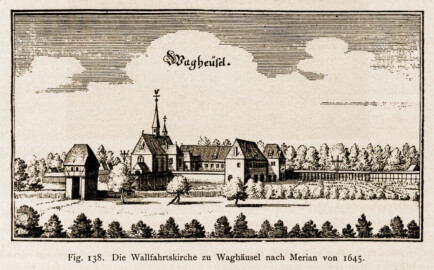 Waghäusel - Die Wallfahrtskirche zu Waghäusel nach Merian von 1645 (Bildnachweis: Universitätsbibliothek Heidelberg, "Rott, Hans; Kraus, Franz Xaver [Hrsg.]: Die Kunstdenkmäler des Grossherzogthums Baden (Band 9,2): Die Kunstdenkmäler des Amtsbezirks Bruchsal (Kreis Karlsruhe). Tübingen, 1913", Seite 322 - CC-BY-SA-3.0. https://digi.ub.uni-heidelberg.de/diglit/kdm9bd2)