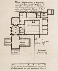 Waghäusel - Plan der ältesten Wallfahrtskirche zu Waghäusel, der Vergrößerungen und ersten Klosteranlage 1638-40 (Bildnachweis: Universitätsbibliothek Heidelberg, "Rott, Hans; Kraus, Franz Xaver [Hrsg.]: Die Kunstdenkmäler des Grossherzogthums Baden (Band 9,2): Die Kunstdenkmäler des Amtsbezirks Bruchsal (Kreis Karlsruhe). Tübingen, 1913", Seite 323 - CC-BY-SA-3.0. https://digi.ub.uni-heidelberg.de/diglit/kdm9bd2)