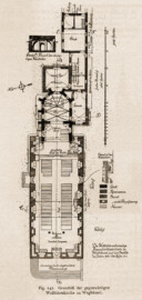 Waghäusel - Grundriß der gegenwärtigen Wallfahrtskirche zu Waghäusel (1913) (Bildnachweis: Universitätsbibliothek Heidelberg, "Rott, Hans; Kraus, Franz Xaver [Hrsg.]: Die Kunstdenkmäler des Grossherzogthums Baden (Band 9,2): Die Kunstdenkmäler des Amtsbezirks Bruchsal (Kreis Karlsruhe). Tübingen, 1913", Seite 328 - CC-BY-SA-3.0. https://digi.ub.uni-heidelberg.de/diglit/kdm9bd2)