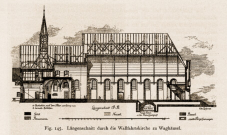 Waghäusel - Längenschnitt durch die Wallfahrtskirche zu Waghäusel (1913) (Bildnachweis: Universitätsbibliothek Heidelberg, "Rott, Hans; Kraus, Franz Xaver [Hrsg.]: Die Kunstdenkmäler des Grossherzogthums Baden (Band 9,2): Die Kunstdenkmäler des Amtsbezirks Bruchsal (Kreis Karlsruhe). Tübingen, 1913", Seite 332 - CC-BY-SA-3.0. https://digi.ub.uni-heidelberg.de/diglit/kdm9bd2)