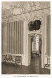 Schloss Bruchsal - Blick in das Musikzimmer und den Thronsaal / das Audienzzimmer; Studie aus Schloss Bruchsal (Zeichner: A. Laber, Klasse Heinz Wetzel) (Bildnachweis: Universitätsbibliothek Heidelberg, "Kunstgewerbeblatt: Vereinsorgan der Kunstgewerbevereine Berlin, Dresden, Düsseldorf..., NF 24.1913", Seite 45, https://doi.org/10.11588/diglit.4432)