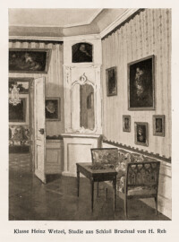 Schloss Bruchsal - Blick in das Galeriezimmer  und das Blaue Zimmer; Studie aus Schloss Bruchsal (Zeichner: H. Reh, Klasse Heinz Wetzel) (Bildnachweis: Universitätsbibliothek Heidelberg, "Kunstgewerbeblatt: Vereinsorgan der Kunstgewerbevereine Berlin, Dresden, Düsseldorf..., NF 24.1913", Seite 49, https://doi.org/10.11588/diglit.4432)