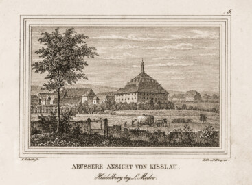 Bad Mingolsheim - Schloss Kislau - Lithographie: Ansicht von Südwesten auf den Hauptbau; Lithographie J. Schütz fec. Lith. v. P. Wagner Heidelberg bey L. Meder; Bildgröße 5,3 x 8,3 cm, Blattgröße 11 x 13,3 cm ; Datierung unbekannt (Bildnachweis: Landesarchiv Baden-Württemberg, Abt. Generallandesarchiv Karlsruhe, J-B Langenbrücken 1, 5; https://www.landesarchiv-bw.de/plink/?f=4-1606627-1; CC BY 3.0 DE)