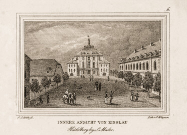 Bad Mingolsheim - Schloss Kislau - Lithographie: Ansicht von Norden auf den Hauptbau, rechts der Kavalierbau, links der Remisenanbau und die ehemalige Hofmauer; Lithographie J. Schütz fec. Lith. v. P. Wagner Heidelberg bey L. Meder; Bildgröße 5,3 x 8,3 cm, Blattgröße 11 x 13,3 cm; Datierung um 1830 (Bildnachweis: Landesarchiv Baden-Württemberg, Abt. Generallandesarchiv Karlsruhe, J-B Langenbrücken 1, 6; https://www.landesarchiv-bw.de/plink/?f=4-1606628-1; CC BY 3.0 DE)