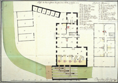 Bad Mingolsheim - Schloss Kislau - Plan der herrschaftlichen neuzubauenden Mühle zu Kieslau; Situationsplan mit Grundrissen und Legende; handgezeichnet und koloriert von Architekt Johann Leonhard Stahl aus Bruchsal; Maßstab von 100 Pieds (10=3,3 cm), 48,2 x 67,5 cm; um 1762 (Bildnachweis: Landesarchiv Baden-Württemberg, Abt. Generallandesarchiv Karlsruhe, G Technische Pläne I Kislau 2; https://www.landesarchiv-bw.de/plink/?f=4-47150-1; CC BY 3.0 DE) Bad Mingolsheim - Schloss Kislau - Plan der herrschaftlichen neuzubauenden Mühle zu Kieslau; Situationsplan mit Grundrissen und Legende; handgezeichnet und koloriert von Architekt Johann Leonhard Stahl aus Bruchsal; Maßstab von 100 Pieds (10=3,3 cm), 48,2 x 67,5 cm; um 1762 (Bildnachweis: Landesarchiv Baden-Württemberg, Abt. Generallandesarchiv Karlsruhe, G Technische Pläne I Kislau 2; https://www.landesarchiv-bw.de/plink/?f=4-47150-1; CC BY 3.0 DE)