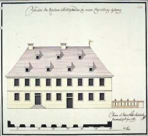 Bad Mingolsheim - Schloss Kislau - Facade des Kieslauer Mühlgebäudes zur neuen Einrichtung gehoerig; Ansicht, handgezeichnet und koloriert von Architekt Johann Leonhard Stahl aus Bruchsal; Maßstab von 70 Pieds (10= 3,3 cm), 33,4 x 37,4 cm; um 1762 (Bildnachweis: Landesarchiv Baden-Württemberg, Abt. Generallandesarchiv Karlsruhe, G Technische Pläne I Kislau 1; https://www.landesarchiv-bw.de/plink/?f=4-47152-1; CC BY 3.0 DE) Bad Mingolsheim - Schloss Kislau - Facade des Kieslauer Mühlgebäudes zur neuen Einrichtung gehoerig; Ansicht, handgezeichnet und koloriert von Architekt Johann Leonhard Stahl aus Bruchsal; Maßstab von 70 Pieds (10= 3,3 cm), 33,4 x 37,4 cm; um 1762 (Bildnachweis: Landesarchiv Baden-Württemberg, Abt. Generallandesarchiv Karlsruhe, G Technische Pläne I Kislau 1; https://www.landesarchiv-bw.de/plink/?f=4-47152-1; CC BY 3.0 DE)