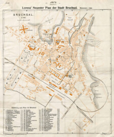 Bruchsal - Plan der Stadt Bruchsal, 1904; Lorenz' Neuester Plan der Stadt Bruchsal; Stadtplan, Gebäude im Grundriß mit Straßenzügen. Schloß, öffentliche Gebäude dunkler gedruckt, Erklärung in der Legende. Planquadrate. Eisenbahnlinie, Gewässer eingezeichnet (Bildnachweis: Landesarchiv Baden-Württemberg, Abt. Generallandesarchiv Karlsruhe, H Bruchsal 16; http://www.landesarchiv-bw.de/plink/?f=4-1686092; CC BY 3.0 DE) Bruchsal - Plan der Stadt Bruchsal, 1904; Lorenz' Neuester Plan der Stadt Bruchsal; Stadtplan, Gebäude im Grundriß mit Straßenzügen. Schloß, öffentliche Gebäude dunkler gedruckt, Erklärung in der Legende. Planquadrate. Eisenbahnlinie, Gewässer eingezeichnet (Bildnachweis: Landesarchiv Baden-Württemberg, Abt. Generallandesarchiv Karlsruhe, H Bruchsal 16; http://www.landesarchiv-bw.de/plink/?f=4-1686092; CC BY 3.0 DE)