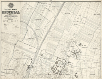 Bruchsal - Plan der Stadt Bruchsal, 1912; Stadtplan eines Teils der Stadt. Gebäude im Grundriß, Straßenzüge. Schloß, öffentliche Gebäude dunkler gedruckt. Höhenlage des Schlosses, Rathaus, Kirche, Kaserne, Bahnhof, St. Peterkirche, Belvedere und Männerzuchthaus angegeben. Flurnamen. Umliegende Wiesen, Äcker, Gewässer und Eisenbahnlinie eingezeichnet (Bildnachweis: Landesarchiv Baden-Württemberg, Abt. Generallandesarchiv Karlsruhe, H Bruchsal 19, 1; http://www.landesarchiv-bw.de/plink/?f=4-1686149; CC BY 3.0 DE) Bruchsal - Plan der Stadt Bruchsal, 1912; Stadtplan eines Teils der Stadt. Gebäude im Grundriß, Straßenzüge. Schloß, öffentliche Gebäude dunkler gedruckt. Höhenlage des Schlosses, Rathaus, Kirche, Kaserne, Bahnhof, St. Peterkirche, Belvedere und Männerzuchthaus angegeben. Flurnamen. Umliegende Wiesen, Äcker, Gewässer und Eisenbahnlinie eingezeichnet (Bildnachweis: Landesarchiv Baden-Württemberg, Abt. Generallandesarchiv Karlsruhe, H Bruchsal 19, 1; http://www.landesarchiv-bw.de/plink/?f=4-1686149; CC BY 3.0 DE)