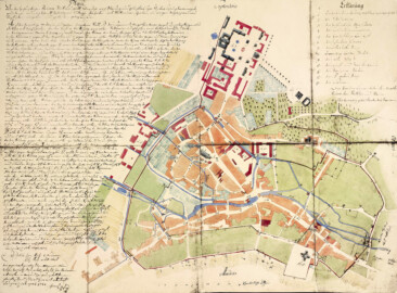 Bruchsal - Stadtplan von Bruchsal mit näherer Umgebung (Original zwischen 1778 und 1784); Plan von der hochfürstlichen Residenz-Stadt Bruchsall, wie solche nach Weisung und pflichtmäßiger Untersuchung der annach vorgefundenen und nachstehendt beschriebenen Ruderen vor Zeiten mit Stadtmauern, Graben und einigen dergleich An- und Beyflüssen umgeben und geschlossen gewesen seie; kolorierte Fotografie von 1912 des handgezeichneten Originals (Bildnachweis: Landesarchiv Baden-Württemberg, Generallandesarchiv Karlsruhe H Bruchsal 20; http://www.landesarchiv-bw.de/plink/?f=4-1686089; CC BY 3.0 DE) Bruchsal - Stadtplan von Bruchsal mit näherer Umgebung (Original zwischen 1778 und 1784); Plan von der hochfürstlichen Residenz-Stadt Bruchsall, wie solche nach Weisung und pflichtmäßiger Untersuchung der annach vorgefundenen und nachstehendt beschriebenen Ruderen vor Zeiten mit Stadtmauern, Graben und einigen dergleich An- und Beyflüssen umgeben und geschlossen gewesen seie; kolorierte Fotografie von 1912 des handgezeichneten Originals (Bildnachweis: Landesarchiv Baden-Württemberg, Generallandesarchiv Karlsruhe H Bruchsal 20; http://www.landesarchiv-bw.de/plink/?f=4-1686089; CC BY 3.0 DE)