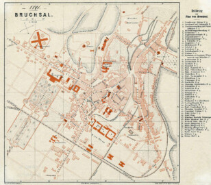 Schloss Bruchsal - Stadtplan von Bruchsal, 1891 (Bildnachweis: Landesarchiv Baden-Württemberg, Abt. Generallandesarchiv Karlsruhe, H Bruchsal 14 ; https://www.deutsche-digitale-bibliothek.de/item/VVKEDRFBIFYFGUVVZ32HH3A3XN3BB2A6 und https://www.landesarchiv-bw.de/plink/?f=4-1686090-1; CC BY 3.0 DE) Schloss Bruchsal - Stadtplan von Bruchsal, 1891 (Bildnachweis: Landesarchiv Baden-Württemberg, Abt. Generallandesarchiv Karlsruhe, H Bruchsal 14 ; https://www.deutsche-digitale-bibliothek.de/item/VVKEDRFBIFYFGUVVZ32HH3A3XN3BB2A6 und https://www.landesarchiv-bw.de/plink/?f=4-1686090-1; CC BY 3.0 DE)