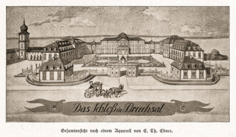 Schloss Bruchsal - Gesamtansicht nach einem Aquarell von E. Th. Ebner; aus: Otto Recher, Das Schloß in Bruchsal, ca. 1930; mit freundlicher Genehmigung zur Verfügung gestellt von Andreas Froncala, Berlin