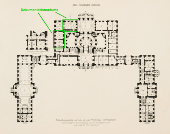 Das Bruchsaler Schloss - Hauptgeschossgrundriss von Corps de Logis, Verbindungs- und Flügelbauten (Modifiziertes Blatt 2 der Mappe "Fritz Hirsch: Das Bruchsaler Schloss aus Anlass der Renovation (1900-1909)", erschienen: Heidelberg, Carl Winter's Universitätsbuchhandlung, 1910; Mappe aus dem Bestand des Städtischen Museums Bruchsal; Reproduktion durch Dr. Manfred Schneider, mit freundlicher Genehmigung des Museums) Das Bruchsaler Schloss - Hauptgeschossgrundriss von Corps de Logis, Verbindungs- und Flügelbauten (Modifiziertes Blatt 2 der Mappe "Fritz Hirsch: Das Bruchsaler Schloss aus Anlass der Renovation (1900-1909)", erschienen: Heidelberg, Carl Winter's Universitätsbuchhandlung, 1910; Mappe aus dem Bestand des Städtischen Museums Bruchsal; Reproduktion durch Dr. Manfred Schneider, mit freundlicher Genehmigung des Museums)