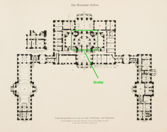 Das Bruchsaler Schloss - Hauptgeschossgrundriss von Corps de Logis, Verbindungs- und Flügelbauten (Modifiziertes Blatt 2 der Mappe "Fritz Hirsch: Das Bruchsaler Schloss aus Anlass der Renovation (1900-1909)", erschienen: Heidelberg, Carl Winter's Universitätsbuchhandlung, 1910; Mappe aus dem Bestand des Städtischen Museums Bruchsal; Reproduktion durch Dr. Manfred Schneider, mit freundlicher Genehmigung des Museums)