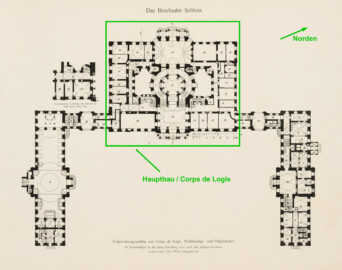 Das Bruchsaler Schloss - Hauptgeschossgrundriss von Corps de Logis, Verbindungs- und Flügelbauten (Modifiziertes Blatt 2 der Mappe "Fritz Hirsch: Das Bruchsaler Schloss aus Anlass der Renovation (1900-1909)", erschienen: Heidelberg, Carl Winter's Universitätsbuchhandlung, 1910; Mappe aus dem Bestand des Städtischen Museums Bruchsal; Reproduktion durch Dr. Manfred Schneider, mit freundlicher Genehmigung des Museums) Das Bruchsaler Schloss - Hauptgeschossgrundriss von Corps de Logis, Verbindungs- und Flügelbauten (Modifiziertes Blatt 2 der Mappe "Fritz Hirsch: Das Bruchsaler Schloss aus Anlass der Renovation (1900-1909)", erschienen: Heidelberg, Carl Winter's Universitätsbuchhandlung, 1910; Mappe aus dem Bestand des Städtischen Museums Bruchsal; Reproduktion durch Dr. Manfred Schneider, mit freundlicher Genehmigung des Museums)