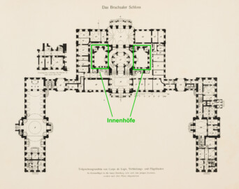Das Bruchsaler Schloss - Hauptgeschossgrundriss von Corps de Logis, Verbindungs- und Flügelbauten (Modifiziertes Blatt 2 der Mappe "Fritz Hirsch: Das Bruchsaler Schloss aus Anlass der Renovation (1900-1909)", erschienen: Heidelberg, Carl Winter's Universitätsbuchhandlung, 1910; Mappe aus dem Bestand des Städtischen Museums Bruchsal; Reproduktion durch Dr. Manfred Schneider, mit freundlicher Genehmigung des Museums) Das Bruchsaler Schloss - Hauptgeschossgrundriss von Corps de Logis, Verbindungs- und Flügelbauten (Modifiziertes Blatt 2 der Mappe "Fritz Hirsch: Das Bruchsaler Schloss aus Anlass der Renovation (1900-1909)", erschienen: Heidelberg, Carl Winter's Universitätsbuchhandlung, 1910; Mappe aus dem Bestand des Städtischen Museums Bruchsal; Reproduktion durch Dr. Manfred Schneider, mit freundlicher Genehmigung des Museums)