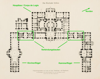 Das Bruchsaler Schloss - Hauptgeschossgrundriss von Corps de Logis, Verbindungs- und Flügelbauten (Modifiziertes Blatt 2 der Mappe "Fritz Hirsch: Das Bruchsaler Schloss aus Anlass der Renovation (1900-1909)", erschienen: Heidelberg, Carl Winter's Universitätsbuchhandlung, 1910; Mappe aus dem Bestand des Städtischen Museums Bruchsal; Reproduktion durch Dr. Manfred Schneider, mit freundlicher Genehmigung des Museums) Das Bruchsaler Schloss - Hauptgeschossgrundriss von Corps de Logis, Verbindungs- und Flügelbauten (Modifiziertes Blatt 2 der Mappe "Fritz Hirsch: Das Bruchsaler Schloss aus Anlass der Renovation (1900-1909)", erschienen: Heidelberg, Carl Winter's Universitätsbuchhandlung, 1910; Mappe aus dem Bestand des Städtischen Museums Bruchsal; Reproduktion durch Dr. Manfred Schneider, mit freundlicher Genehmigung des Museums)