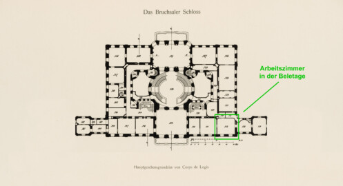 Das Bruchsaler Schloss - Hauptgeschossgrundriss von Corps de Logis, Verbindungs- und Flügelbauten (Modifiziertes Blatt 2 der Mappe "Fritz Hirsch: Das Bruchsaler Schloss aus Anlass der Renovation (1900-1909)", erschienen: Heidelberg, Carl Winter's Universitätsbuchhandlung, 1910; Mappe aus dem Bestand des Städtischen Museums Bruchsal; Reproduktion durch Dr. Manfred Schneider, mit freundlicher Genehmigung des Museums)