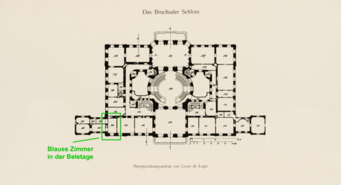 Das Bruchsaler Schloss - Hauptgeschossgrundriss von Corps de Logis, Verbindungs- und Flügelbauten (Modifiziertes Blatt 2 der Mappe "Fritz Hirsch: Das Bruchsaler Schloss aus Anlass der Renovation (1900-1909)", erschienen: Heidelberg, Carl Winter's Universitätsbuchhandlung, 1910; Mappe aus dem Bestand des Städtischen Museums Bruchsal; Reproduktion durch Dr. Manfred Schneider, mit freundlicher Genehmigung des Museums) Das Bruchsaler Schloss - Hauptgeschossgrundriss von Corps de Logis, Verbindungs- und Flügelbauten (Modifiziertes Blatt 2 der Mappe "Fritz Hirsch: Das Bruchsaler Schloss aus Anlass der Renovation (1900-1909)", erschienen: Heidelberg, Carl Winter's Universitätsbuchhandlung, 1910; Mappe aus dem Bestand des Städtischen Museums Bruchsal; Reproduktion durch Dr. Manfred Schneider, mit freundlicher Genehmigung des Museums)