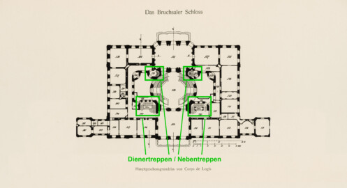 Das Bruchsaler Schloss - Hauptgeschossgrundriss von Corps de Logis, Verbindungs- und Flügelbauten (Modifiziertes Blatt 2 der Mappe "Fritz Hirsch: Das Bruchsaler Schloss aus Anlass der Renovation (1900-1909)", erschienen: Heidelberg, Carl Winter's Universitätsbuchhandlung, 1910; Mappe aus dem Bestand des Städtischen Museums Bruchsal; Reproduktion durch Dr. Manfred Schneider, mit freundlicher Genehmigung des Museums) Das Bruchsaler Schloss - Hauptgeschossgrundriss von Corps de Logis, Verbindungs- und Flügelbauten (Modifiziertes Blatt 2 der Mappe "Fritz Hirsch: Das Bruchsaler Schloss aus Anlass der Renovation (1900-1909)", erschienen: Heidelberg, Carl Winter's Universitätsbuchhandlung, 1910; Mappe aus dem Bestand des Städtischen Museums Bruchsal; Reproduktion durch Dr. Manfred Schneider, mit freundlicher Genehmigung des Museums)