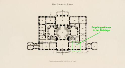 Das Bruchsaler Schloss - Hauptgeschossgrundriss von Corps de Logis, Verbindungs- und Flügelbauten (Modifiziertes Blatt 2 der Mappe "Fritz Hirsch: Das Bruchsaler Schloss aus Anlass der Renovation (1900-1909)", erschienen: Heidelberg, Carl Winter's Universitätsbuchhandlung, 1910; Mappe aus dem Bestand des Städtischen Museums Bruchsal; Reproduktion durch Dr. Manfred Schneider, mit freundlicher Genehmigung des Museums) Das Bruchsaler Schloss - Hauptgeschossgrundriss von Corps de Logis, Verbindungs- und Flügelbauten (Modifiziertes Blatt 2 der Mappe "Fritz Hirsch: Das Bruchsaler Schloss aus Anlass der Renovation (1900-1909)", erschienen: Heidelberg, Carl Winter's Universitätsbuchhandlung, 1910; Mappe aus dem Bestand des Städtischen Museums Bruchsal; Reproduktion durch Dr. Manfred Schneider, mit freundlicher Genehmigung des Museums)