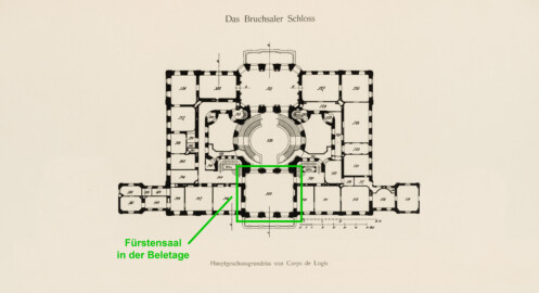 Das Bruchsaler Schloss - Hauptgeschossgrundriss von Corps de Logis, Verbindungs- und Flügelbauten (Modifiziertes Blatt 2 der Mappe "Fritz Hirsch: Das Bruchsaler Schloss aus Anlass der Renovation (1900-1909)", erschienen: Heidelberg, Carl Winter's Universitätsbuchhandlung, 1910; Mappe aus dem Bestand des Städtischen Museums Bruchsal; Reproduktion durch Dr. Manfred Schneider, mit freundlicher Genehmigung des Museums)