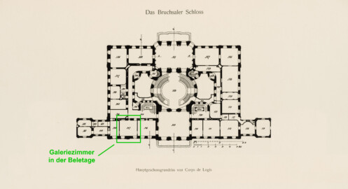 Das Bruchsaler Schloss - Hauptgeschossgrundriss von Corps de Logis, Verbindungs- und Flügelbauten (Modifiziertes Blatt 2 der Mappe "Fritz Hirsch: Das Bruchsaler Schloss aus Anlass der Renovation (1900-1909)", erschienen: Heidelberg, Carl Winter's Universitätsbuchhandlung, 1910; Mappe aus dem Bestand des Städtischen Museums Bruchsal; Reproduktion durch Dr. Manfred Schneider, mit freundlicher Genehmigung des Museums) Das Bruchsaler Schloss - Hauptgeschossgrundriss von Corps de Logis, Verbindungs- und Flügelbauten (Modifiziertes Blatt 2 der Mappe "Fritz Hirsch: Das Bruchsaler Schloss aus Anlass der Renovation (1900-1909)", erschienen: Heidelberg, Carl Winter's Universitätsbuchhandlung, 1910; Mappe aus dem Bestand des Städtischen Museums Bruchsal; Reproduktion durch Dr. Manfred Schneider, mit freundlicher Genehmigung des Museums)