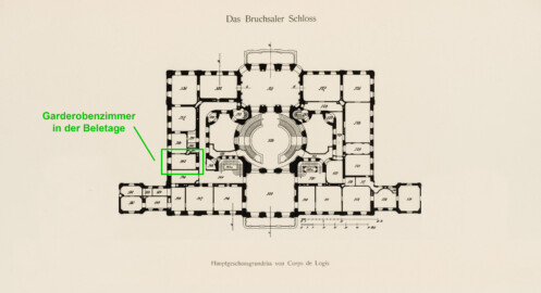 Das Bruchsaler Schloss - Hauptgeschossgrundriss von Corps de Logis, Verbindungs- und Flügelbauten (Modifiziertes Blatt 2 der Mappe "Fritz Hirsch: Das Bruchsaler Schloss aus Anlass der Renovation (1900-1909)", erschienen: Heidelberg, Carl Winter's Universitätsbuchhandlung, 1910; Mappe aus dem Bestand des Städtischen Museums Bruchsal; Reproduktion durch Dr. Manfred Schneider, mit freundlicher Genehmigung des Museums) Das Bruchsaler Schloss - Hauptgeschossgrundriss von Corps de Logis, Verbindungs- und Flügelbauten (Modifiziertes Blatt 2 der Mappe "Fritz Hirsch: Das Bruchsaler Schloss aus Anlass der Renovation (1900-1909)", erschienen: Heidelberg, Carl Winter's Universitätsbuchhandlung, 1910; Mappe aus dem Bestand des Städtischen Museums Bruchsal; Reproduktion durch Dr. Manfred Schneider, mit freundlicher Genehmigung des Museums)