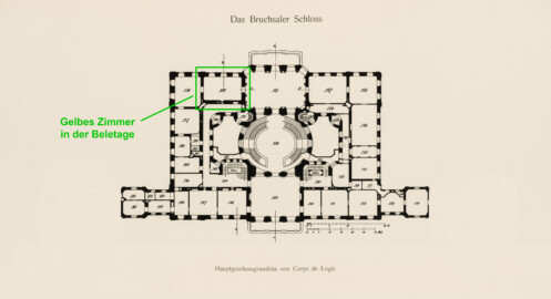 Das Bruchsaler Schloss - Hauptgeschossgrundriss von Corps de Logis, Verbindungs- und Flügelbauten (Modifiziertes Blatt 2 der Mappe "Fritz Hirsch: Das Bruchsaler Schloss aus Anlass der Renovation (1900-1909)", erschienen: Heidelberg, Carl Winter's Universitätsbuchhandlung, 1910; Mappe aus dem Bestand des Städtischen Museums Bruchsal; Reproduktion durch Dr. Manfred Schneider, mit freundlicher Genehmigung des Museums)