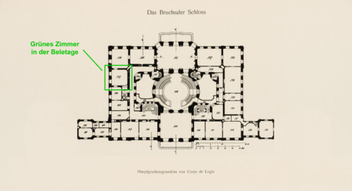 Das Bruchsaler Schloss - Hauptgeschossgrundriss von Corps de Logis, Verbindungs- und Flügelbauten (Modifiziertes Blatt 2 der Mappe "Fritz Hirsch: Das Bruchsaler Schloss aus Anlass der Renovation (1900-1909)", erschienen: Heidelberg, Carl Winter's Universitätsbuchhandlung, 1910; Mappe aus dem Bestand des Städtischen Museums Bruchsal; Reproduktion durch Dr. Manfred Schneider, mit freundlicher Genehmigung des Museums) Das Bruchsaler Schloss - Hauptgeschossgrundriss von Corps de Logis, Verbindungs- und Flügelbauten (Modifiziertes Blatt 2 der Mappe "Fritz Hirsch: Das Bruchsaler Schloss aus Anlass der Renovation (1900-1909)", erschienen: Heidelberg, Carl Winter's Universitätsbuchhandlung, 1910; Mappe aus dem Bestand des Städtischen Museums Bruchsal; Reproduktion durch Dr. Manfred Schneider, mit freundlicher Genehmigung des Museums)