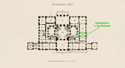Das Bruchsaler Schloss - Hauptgeschossgrundriss von Corps de Logis, Verbindungs- und Flügelbauten (Modifiziertes Blatt 2 der Mappe "Fritz Hirsch: Das Bruchsaler Schloss aus Anlass der Renovation (1900-1909)", erschienen: Heidelberg, Carl Winter's Universitätsbuchhandlung, 1910; Mappe aus dem Bestand des Städtischen Museums Bruchsal; Reproduktion durch Dr. Manfred Schneider, mit freundlicher Genehmigung des Museums) Das Bruchsaler Schloss - Hauptgeschossgrundriss von Corps de Logis, Verbindungs- und Flügelbauten (Modifiziertes Blatt 2 der Mappe "Fritz Hirsch: Das Bruchsaler Schloss aus Anlass der Renovation (1900-1909)", erschienen: Heidelberg, Carl Winter's Universitätsbuchhandlung, 1910; Mappe aus dem Bestand des Städtischen Museums Bruchsal; Reproduktion durch Dr. Manfred Schneider, mit freundlicher Genehmigung des Museums)