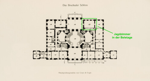 Das Bruchsaler Schloss - Hauptgeschossgrundriss von Corps de Logis, Verbindungs- und Flügelbauten (Modifiziertes Blatt 2 der Mappe "Fritz Hirsch: Das Bruchsaler Schloss aus Anlass der Renovation (1900-1909)", erschienen: Heidelberg, Carl Winter's Universitätsbuchhandlung, 1910; Mappe aus dem Bestand des Städtischen Museums Bruchsal; Reproduktion durch Dr. Manfred Schneider, mit freundlicher Genehmigung des Museums)