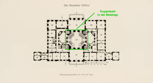 Das Bruchsaler Schloss - Hauptgeschossgrundriss von Corps de Logis, Verbindungs- und Flügelbauten (Modifiziertes Blatt 2 der Mappe "Fritz Hirsch: Das Bruchsaler Schloss aus Anlass der Renovation (1900-1909)", erschienen: Heidelberg, Carl Winter's Universitätsbuchhandlung, 1910; Mappe aus dem Bestand des Städtischen Museums Bruchsal; Reproduktion durch Dr. Manfred Schneider, mit freundlicher Genehmigung des Museums)
