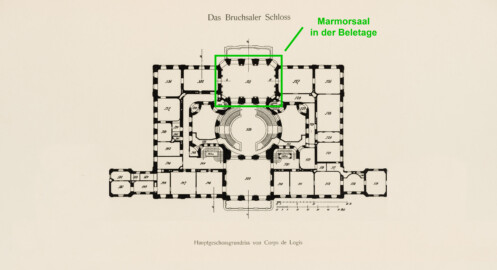 Das Bruchsaler Schloss - Hauptgeschossgrundriss von Corps de Logis, Verbindungs- und Flügelbauten (Modifiziertes Blatt 2 der Mappe "Fritz Hirsch: Das Bruchsaler Schloss aus Anlass der Renovation (1900-1909)", erschienen: Heidelberg, Carl Winter's Universitätsbuchhandlung, 1910; Mappe aus dem Bestand des Städtischen Museums Bruchsal; Reproduktion durch Dr. Manfred Schneider, mit freundlicher Genehmigung des Museums)