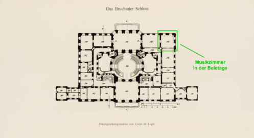 Das Bruchsaler Schloss - Hauptgeschossgrundriss von Corps de Logis, Verbindungs- und Flügelbauten (Modifiziertes Blatt 2 der Mappe "Fritz Hirsch: Das Bruchsaler Schloss aus Anlass der Renovation (1900-1909)", erschienen: Heidelberg, Carl Winter's Universitätsbuchhandlung, 1910; Mappe aus dem Bestand des Städtischen Museums Bruchsal; Reproduktion durch Dr. Manfred Schneider, mit freundlicher Genehmigung des Museums)