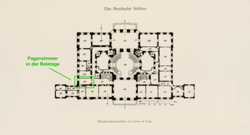 Das Bruchsaler Schloss - Hauptgeschossgrundriss von Corps de Logis, Verbindungs- und Flügelbauten (Modifiziertes Blatt 2 der Mappe "Fritz Hirsch: Das Bruchsaler Schloss aus Anlass der Renovation (1900-1909)", erschienen: Heidelberg, Carl Winter's Universitätsbuchhandlung, 1910; Mappe aus dem Bestand des Städtischen Museums Bruchsal; Reproduktion durch Dr. Manfred Schneider, mit freundlicher Genehmigung des Museums) Das Bruchsaler Schloss - Hauptgeschossgrundriss von Corps de Logis, Verbindungs- und Flügelbauten (Modifiziertes Blatt 2 der Mappe "Fritz Hirsch: Das Bruchsaler Schloss aus Anlass der Renovation (1900-1909)", erschienen: Heidelberg, Carl Winter's Universitätsbuchhandlung, 1910; Mappe aus dem Bestand des Städtischen Museums Bruchsal; Reproduktion durch Dr. Manfred Schneider, mit freundlicher Genehmigung des Museums)