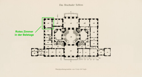 Das Bruchsaler Schloss - Hauptgeschossgrundriss von Corps de Logis, Verbindungs- und Flügelbauten (Modifiziertes Blatt 2 der Mappe "Fritz Hirsch: Das Bruchsaler Schloss aus Anlass der Renovation (1900-1909)", erschienen: Heidelberg, Carl Winter's Universitätsbuchhandlung, 1910; Mappe aus dem Bestand des Städtischen Museums Bruchsal; Reproduktion durch Dr. Manfred Schneider, mit freundlicher Genehmigung des Museums) Das Bruchsaler Schloss - Hauptgeschossgrundriss von Corps de Logis, Verbindungs- und Flügelbauten (Modifiziertes Blatt 2 der Mappe "Fritz Hirsch: Das Bruchsaler Schloss aus Anlass der Renovation (1900-1909)", erschienen: Heidelberg, Carl Winter's Universitätsbuchhandlung, 1910; Mappe aus dem Bestand des Städtischen Museums Bruchsal; Reproduktion durch Dr. Manfred Schneider, mit freundlicher Genehmigung des Museums)