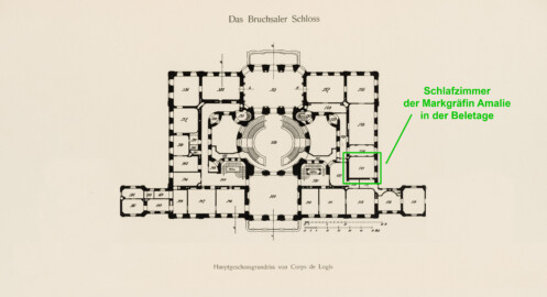 Das Bruchsaler Schloss - Hauptgeschossgrundriss von Corps de Logis, Verbindungs- und Flügelbauten (Modifiziertes Blatt 2 der Mappe "Fritz Hirsch: Das Bruchsaler Schloss aus Anlass der Renovation (1900-1909)", erschienen: Heidelberg, Carl Winter's Universitätsbuchhandlung, 1910; Mappe aus dem Bestand des Städtischen Museums Bruchsal; Reproduktion durch Dr. Manfred Schneider, mit freundlicher Genehmigung des Museums) Das Bruchsaler Schloss - Hauptgeschossgrundriss von Corps de Logis, Verbindungs- und Flügelbauten (Modifiziertes Blatt 2 der Mappe "Fritz Hirsch: Das Bruchsaler Schloss aus Anlass der Renovation (1900-1909)", erschienen: Heidelberg, Carl Winter's Universitätsbuchhandlung, 1910; Mappe aus dem Bestand des Städtischen Museums Bruchsal; Reproduktion durch Dr. Manfred Schneider, mit freundlicher Genehmigung des Museums)