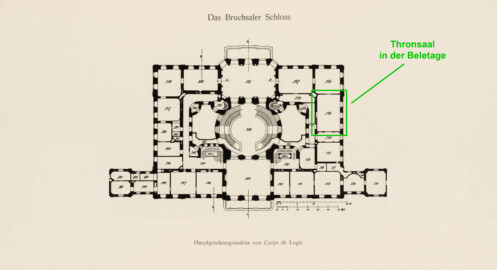 Das Bruchsaler Schloss - Hauptgeschossgrundriss von Corps de Logis, Verbindungs- und Flügelbauten (Modifiziertes Blatt 2 der Mappe "Fritz Hirsch: Das Bruchsaler Schloss aus Anlass der Renovation (1900-1909)", erschienen: Heidelberg, Carl Winter's Universitätsbuchhandlung, 1910; Mappe aus dem Bestand des Städtischen Museums Bruchsal; Reproduktion durch Dr. Manfred Schneider, mit freundlicher Genehmigung des Museums)