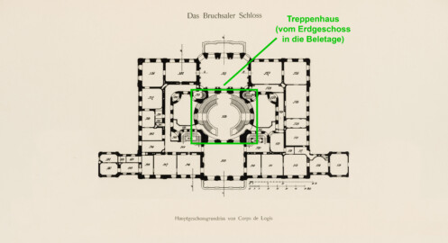 Das Bruchsaler Schloss - Hauptgeschossgrundriss von Corps de Logis, Verbindungs- und Flügelbauten (Modifiziertes Blatt 2 der Mappe "Fritz Hirsch: Das Bruchsaler Schloss aus Anlass der Renovation (1900-1909)", erschienen: Heidelberg, Carl Winter's Universitätsbuchhandlung, 1910; Mappe aus dem Bestand des Städtischen Museums Bruchsal; Reproduktion durch Dr. Manfred Schneider, mit freundlicher Genehmigung des Museums) Das Bruchsaler Schloss - Hauptgeschossgrundriss von Corps de Logis, Verbindungs- und Flügelbauten (Modifiziertes Blatt 2 der Mappe "Fritz Hirsch: Das Bruchsaler Schloss aus Anlass der Renovation (1900-1909)", erschienen: Heidelberg, Carl Winter's Universitätsbuchhandlung, 1910; Mappe aus dem Bestand des Städtischen Museums Bruchsal; Reproduktion durch Dr. Manfred Schneider, mit freundlicher Genehmigung des Museums)