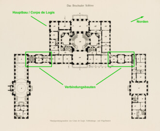 Das Bruchsaler Schloss - Hauptgeschossgrundriss von Corps de Logis, Verbindungs- und Flügelbauten (Modifiziertes Blatt 2 der Mappe "Fritz Hirsch: Das Bruchsaler Schloss aus Anlass der Renovation (1900-1909)", erschienen: Heidelberg, Carl Winter's Universitätsbuchhandlung, 1910; Mappe aus dem Bestand des Städtischen Museums Bruchsal; Reproduktion durch Dr. Manfred Schneider, mit freundlicher Genehmigung des Museums) Das Bruchsaler Schloss - Hauptgeschossgrundriss von Corps de Logis, Verbindungs- und Flügelbauten (Modifiziertes Blatt 2 der Mappe "Fritz Hirsch: Das Bruchsaler Schloss aus Anlass der Renovation (1900-1909)", erschienen: Heidelberg, Carl Winter's Universitätsbuchhandlung, 1910; Mappe aus dem Bestand des Städtischen Museums Bruchsal; Reproduktion durch Dr. Manfred Schneider, mit freundlicher Genehmigung des Museums)
