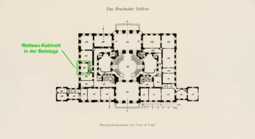 Das Bruchsaler Schloss - Hauptgeschossgrundriss von Corps de Logis, Verbindungs- und Flügelbauten (Modifiziertes Blatt 2 der Mappe "Fritz Hirsch: Das Bruchsaler Schloss aus Anlass der Renovation (1900-1909)", erschienen: Heidelberg, Carl Winter's Universitätsbuchhandlung, 1910; Mappe aus dem Bestand des Städtischen Museums Bruchsal; Reproduktion durch Dr. Manfred Schneider, mit freundlicher Genehmigung des Museums) Das Bruchsaler Schloss - Hauptgeschossgrundriss von Corps de Logis, Verbindungs- und Flügelbauten (Modifiziertes Blatt 2 der Mappe "Fritz Hirsch: Das Bruchsaler Schloss aus Anlass der Renovation (1900-1909)", erschienen: Heidelberg, Carl Winter's Universitätsbuchhandlung, 1910; Mappe aus dem Bestand des Städtischen Museums Bruchsal; Reproduktion durch Dr. Manfred Schneider, mit freundlicher Genehmigung des Museums)