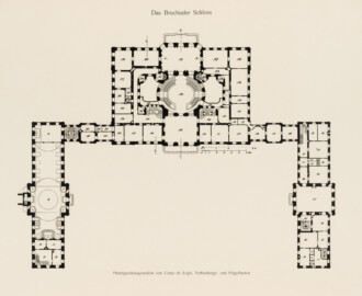 Das Bruchsaler Schloss - Hauptgeschossgrundriss von Corps de Logis, Verbindungs- und Flügelbauten (Blatt 2 der Mappe "Fritz Hirsch: Das Bruchsaler Schloss aus Anlass der Renovation (1900-1909)", erschienen: Heidelberg, Carl Winter's Universitätsbuchhandlung, 1910; Mappe aus dem Bestand des Städtischen Museums Bruchsal; Reproduktion durch Dr. Manfred Schneider, mit freundlicher Genehmigung des Museums) Das Bruchsaler Schloss - Hauptgeschossgrundriss von Corps de Logis, Verbindungs- und Flügelbauten (Blatt 2 der Mappe "Fritz Hirsch: Das Bruchsaler Schloss aus Anlass der Renovation (1900-1909)", erschienen: Heidelberg, Carl Winter's Universitätsbuchhandlung, 1910; Mappe aus dem Bestand des Städtischen Museums Bruchsal; Reproduktion durch Dr. Manfred Schneider, mit freundlicher Genehmigung des Museums)