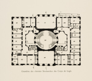 Das Bruchsaler Schloss - Grundriss des obersten Stockwerkes des Corps de Logis (Blatt 3 (oben) der Mappe "Fritz Hirsch: Das Bruchsaler Schloss aus Anlass der Renovation (1900-1909)", erschienen: Heidelberg, Carl Winter's Universitätsbuchhandlung, 1910; Mappe aus dem Bestand des Städtischen Museums Bruchsal; Reproduktion durch Dr. Manfred Schneider, mit freundlicher Genehmigung des Museums) Das Bruchsaler Schloss - Grundriss des obersten Stockwerkes des Corps de Logis (Blatt 3 (oben) der Mappe "Fritz Hirsch: Das Bruchsaler Schloss aus Anlass der Renovation (1900-1909)", erschienen: Heidelberg, Carl Winter's Universitätsbuchhandlung, 1910; Mappe aus dem Bestand des Städtischen Museums Bruchsal; Reproduktion durch Dr. Manfred Schneider, mit freundlicher Genehmigung des Museums)